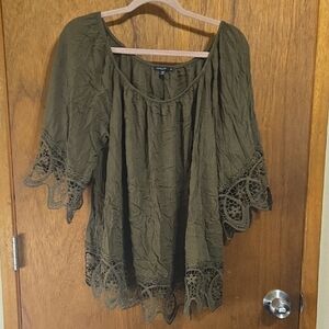 Elegant Olive Women's Blouse with Lace Detail